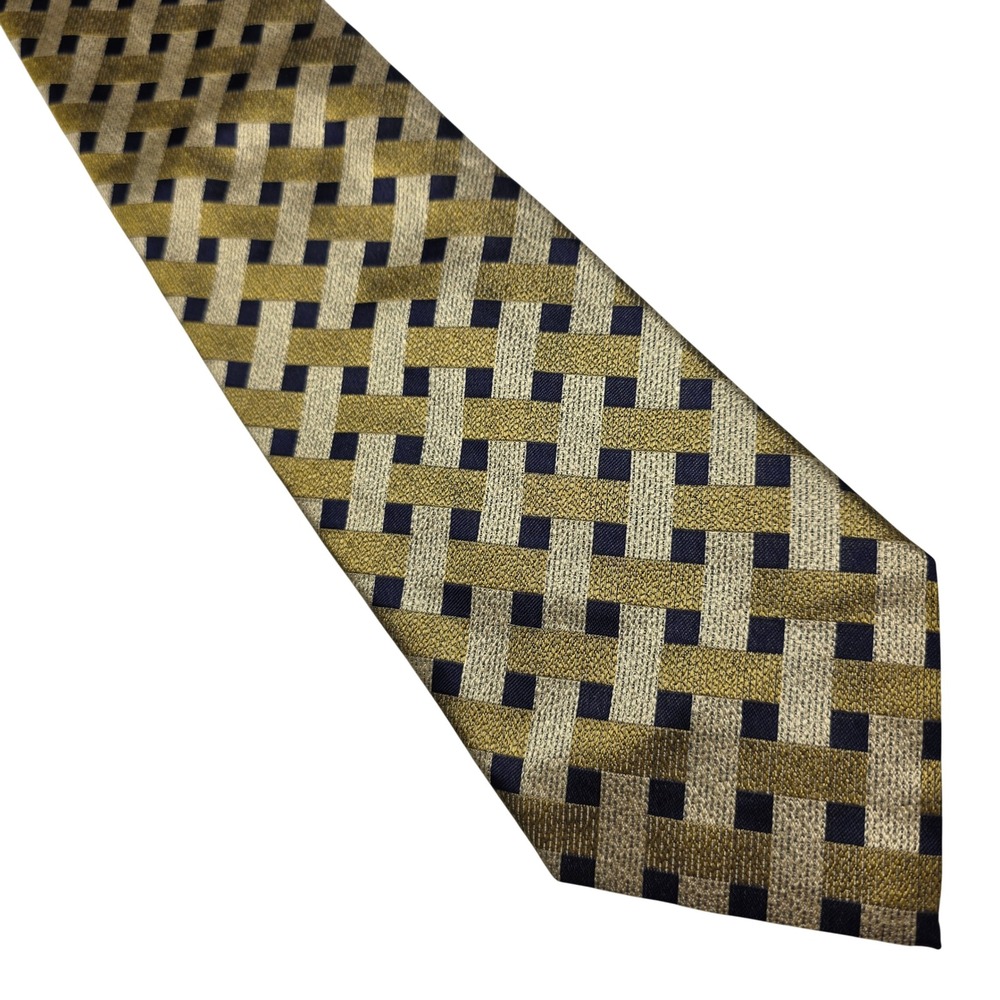 DeSantis Hand Made Mens Silk Tie Gold‎ Navy Geometric Weave